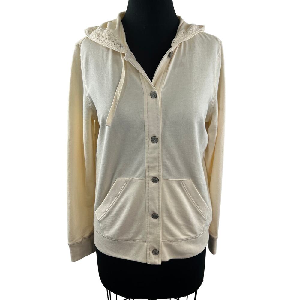 LRL Lauren Jeans Co Embroidered Button Down Top Beige Cotton Pockets Size M